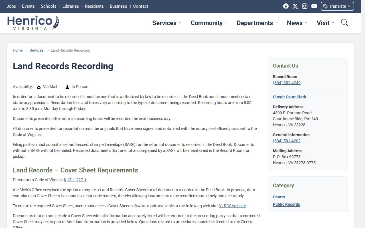 Short Pump residents directory Henrico Circuit Clerk land-record instructions