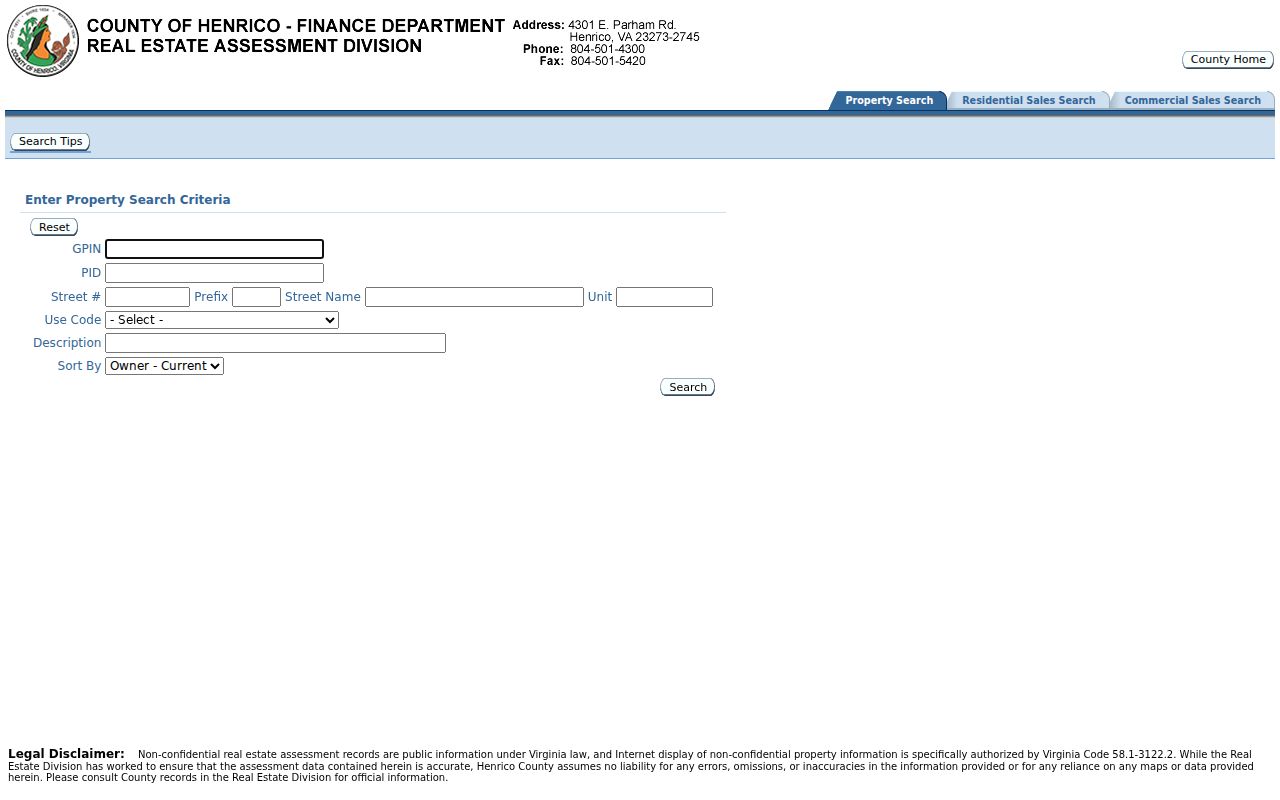 Short Pump residents directory Henrico Property Search fields