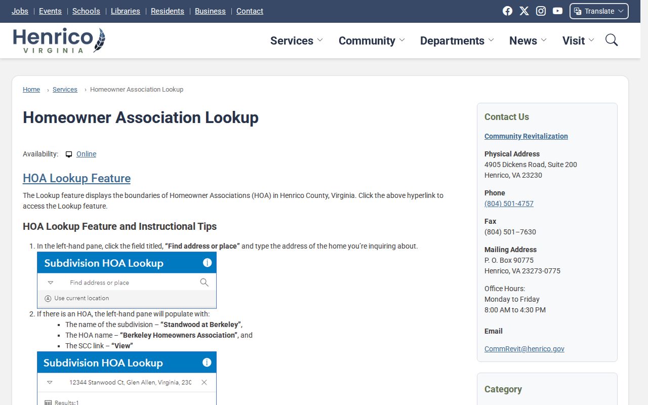 Short Pump neighbors HOA lookup map for subdivision context